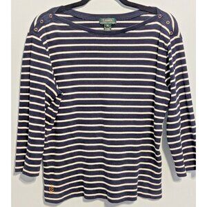 Ralph Lauren Women 3/4 Sleeve Boat Neck Size XL Cotton Casual Shirt Snap buttons